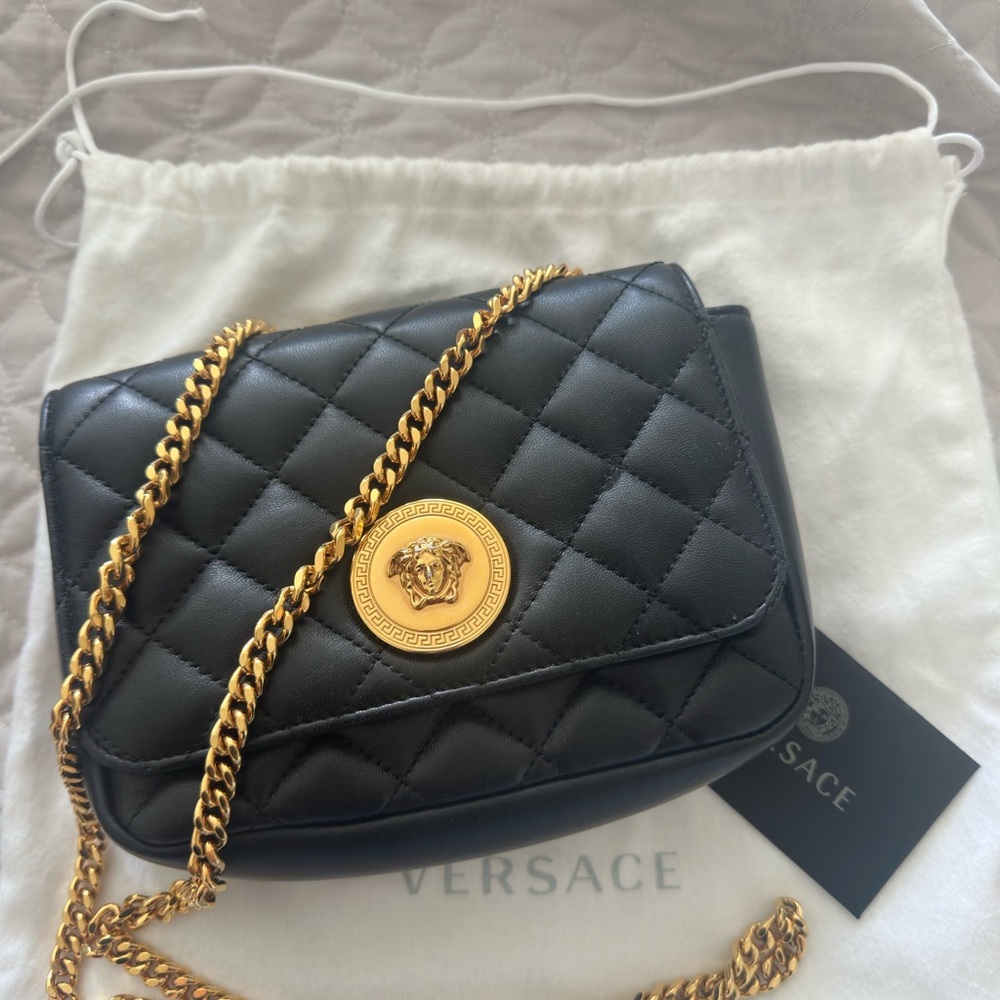 Versace La Medusa Black and Gold Crossbody Bag with Medusa Hardware